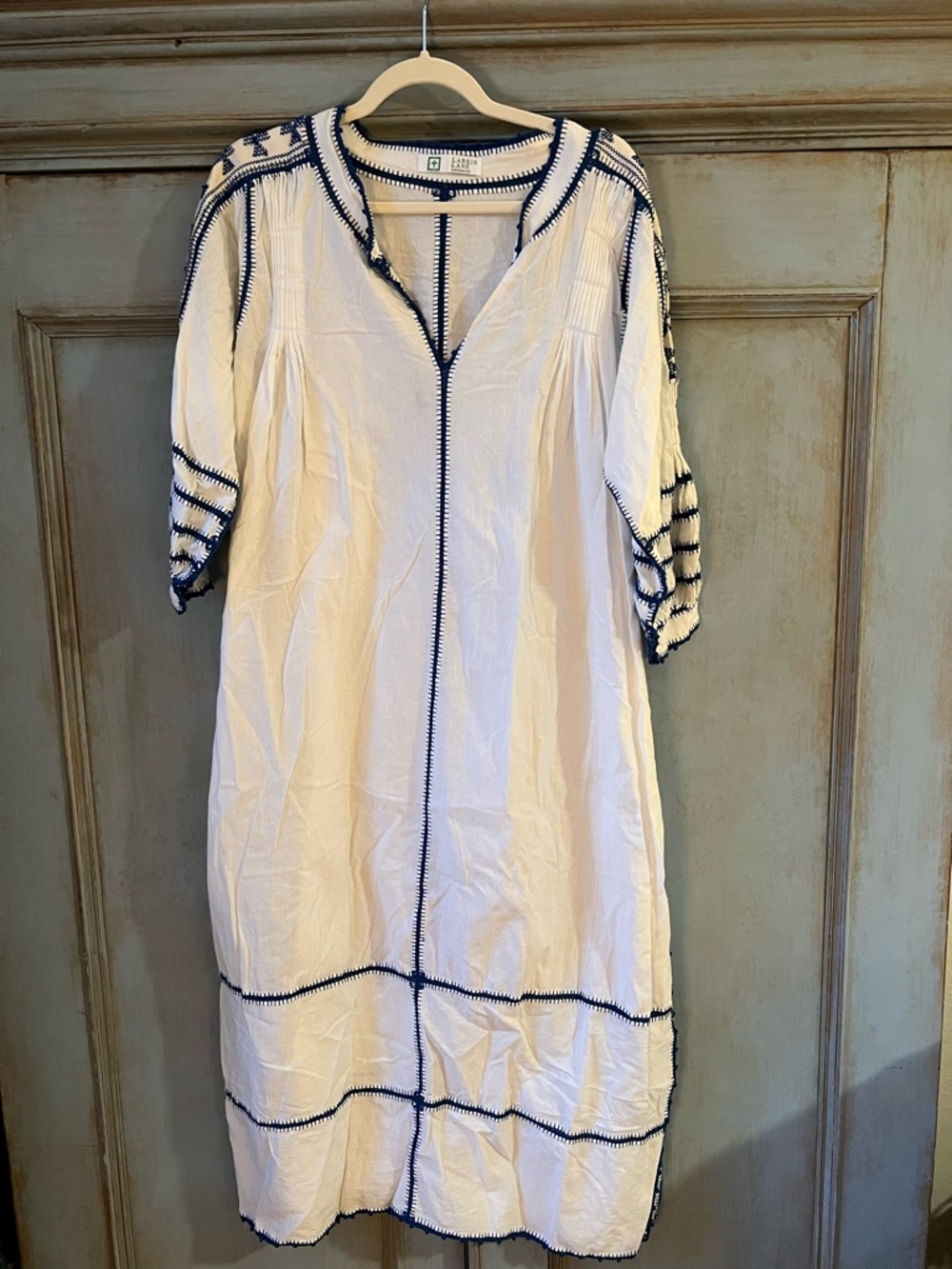 Boho White Maxi with Navy Trim - Romantic. Mexico/Mexican Amorcita. Larkin Lane